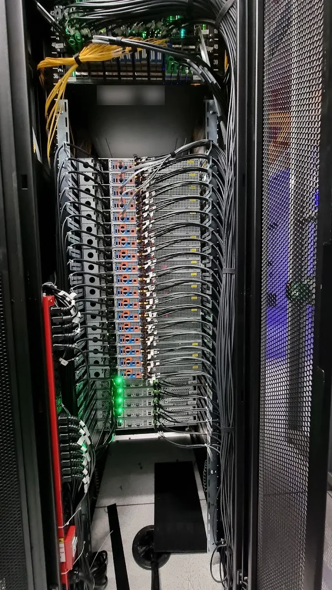 Rear of a neatly cabled rack holding 38 servers, with network and power leads routed to the sides and tied in bundles, labels blurred