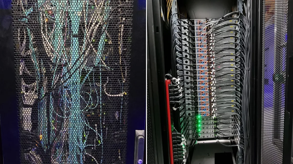 Two server racks side by side: a badly cabled rack on the left and a neatly cabled rack on the right