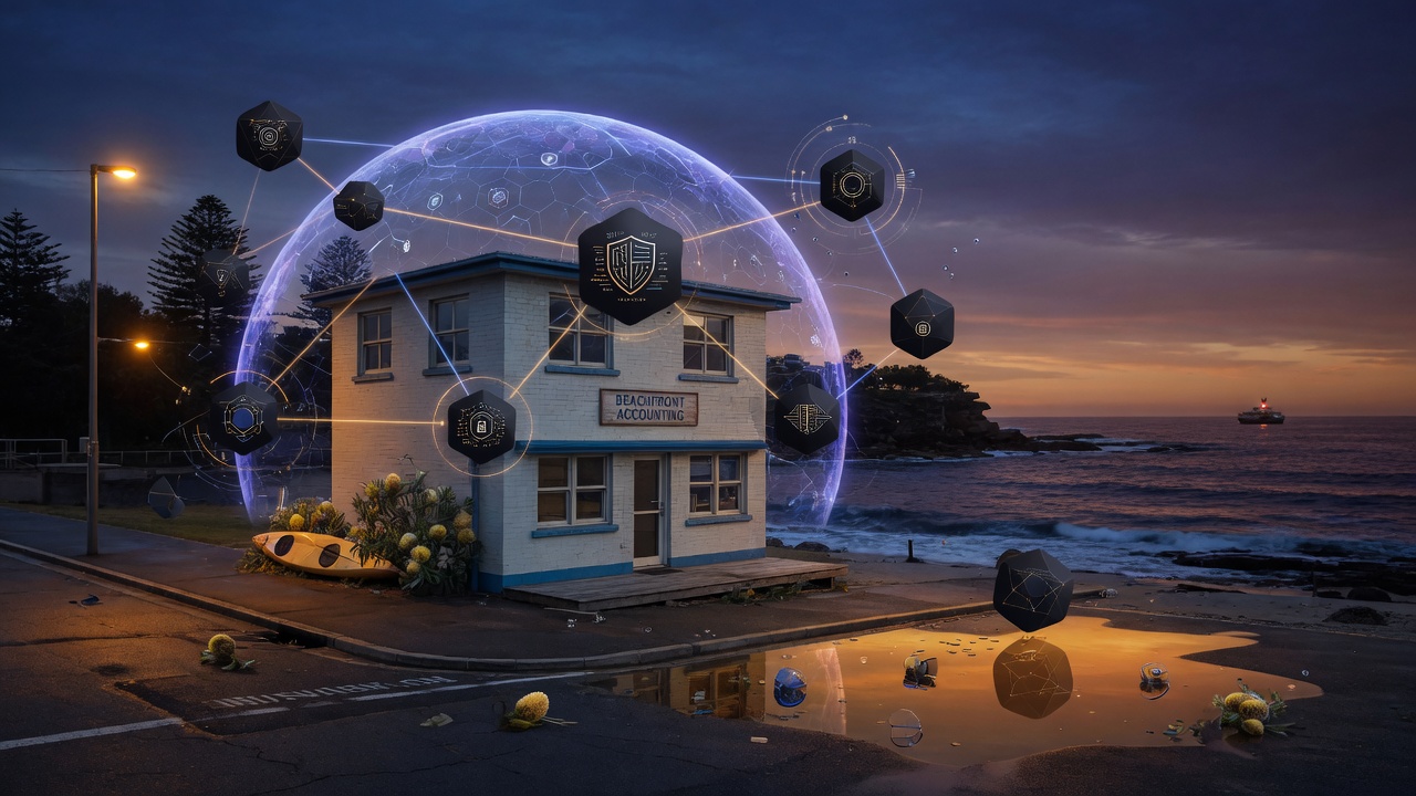 Small office cybersecurity shield and network protection concept
