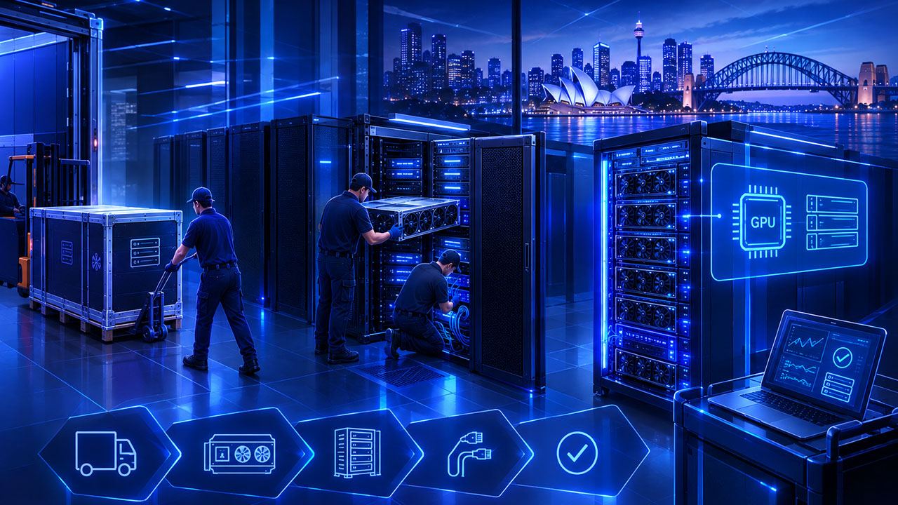 Abstract illustration of GPU server chassis being installed in a data centre rack