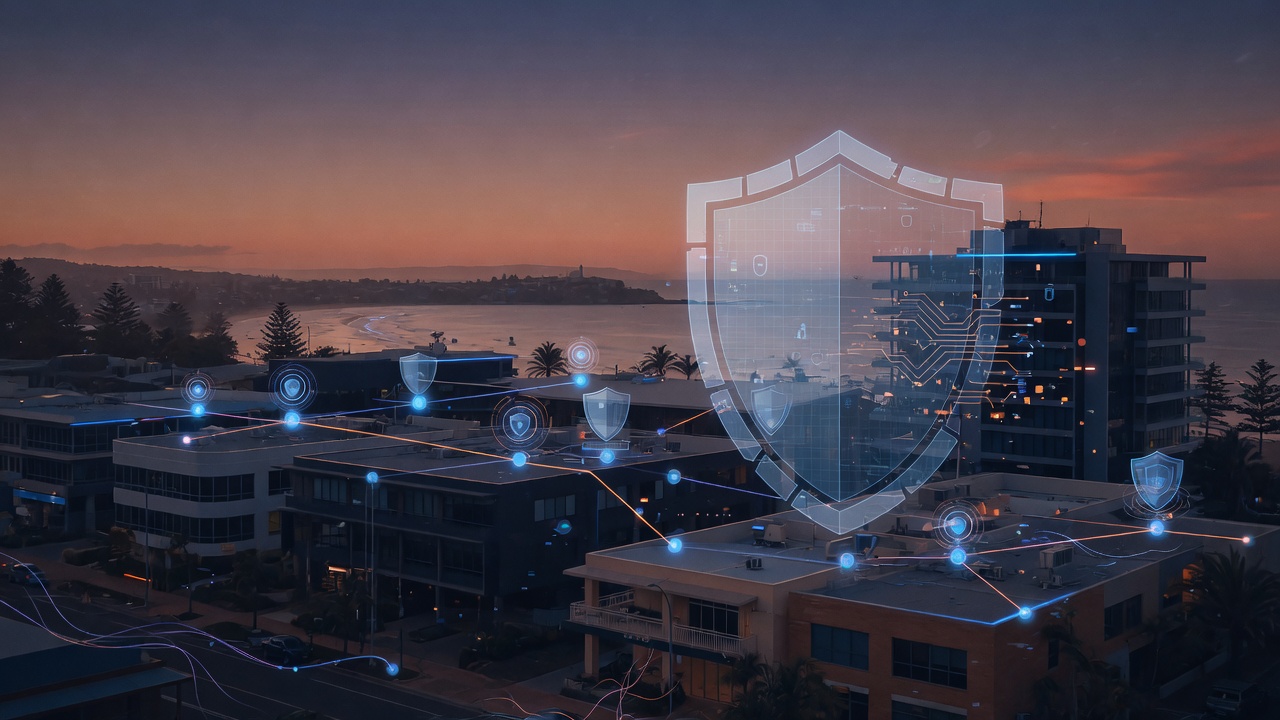 Northern Beaches business district with managed IT network shield concept