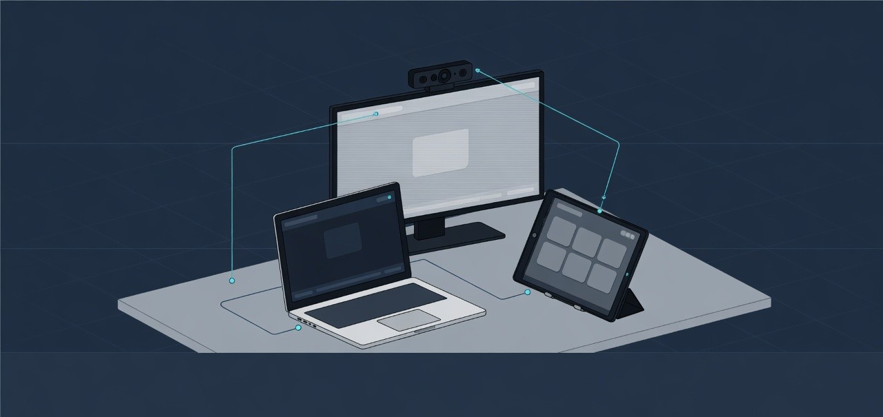 Diagram of a laptop, a monitor with a camera bar, and a tablet on a stand, linked by lines