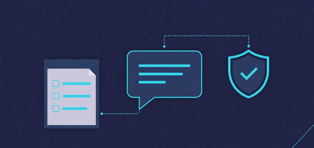 Diagram of a checklist, a chat bubble and a shield connected by lines