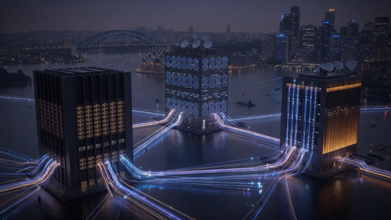 Abstract illustration of Sydney data centre facilities and fibre connectivity