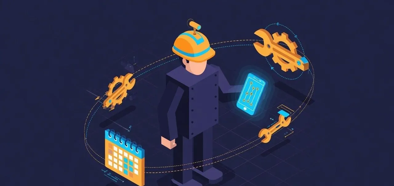 Abstract isometric figure of a tradie with scheduling icons