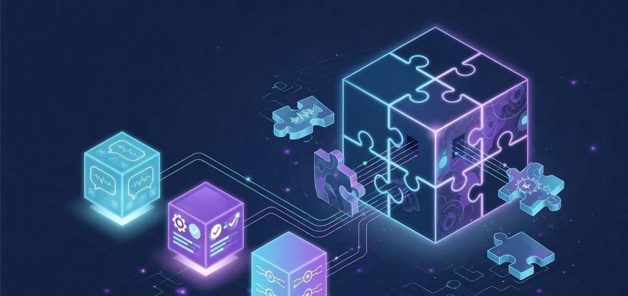 Abstract isometric diagram of AI cubes assembling a workflow
