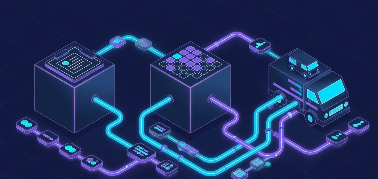 Abstract isometric diagram of jobs flowing between tools