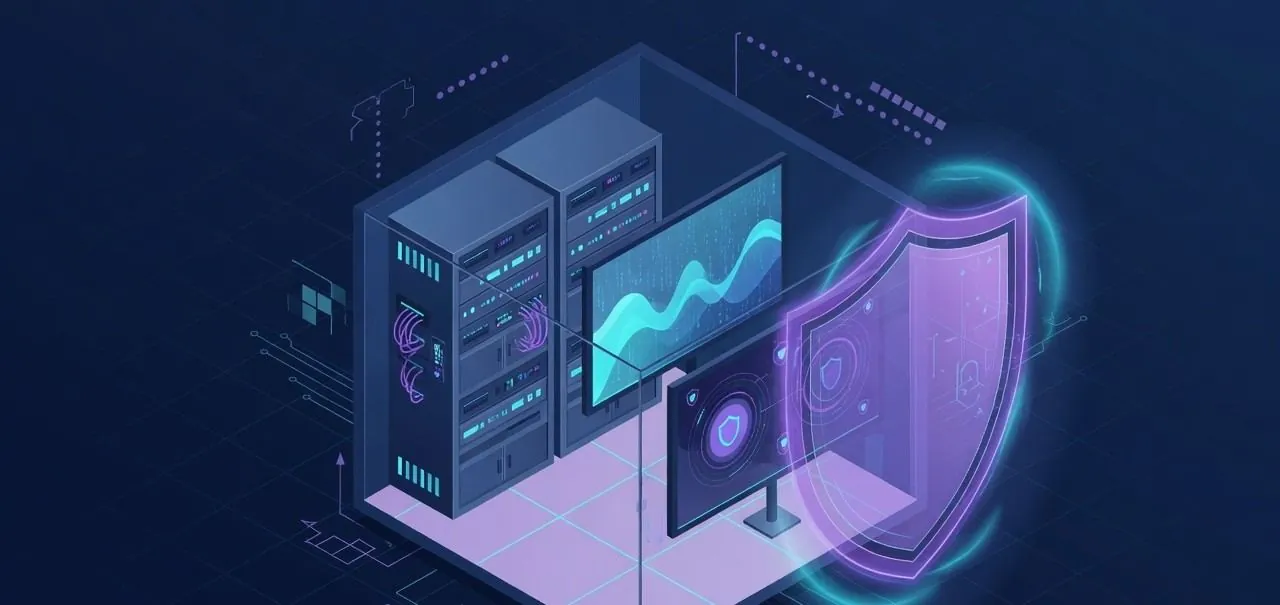 Abstract isometric diagram of an office rack and security shield