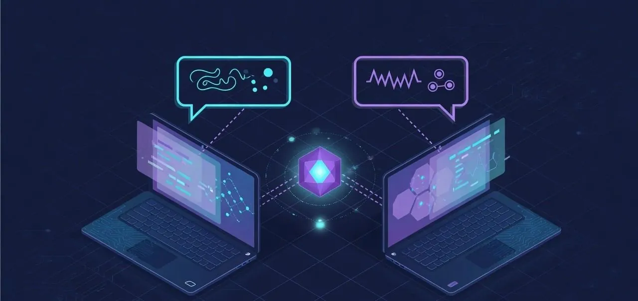 Abstract isometric diagram of two laptops sharing a node