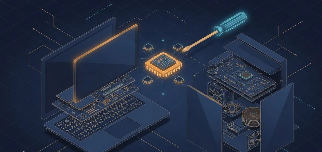 Abstract isometric diagram of an exploded laptop and desktop