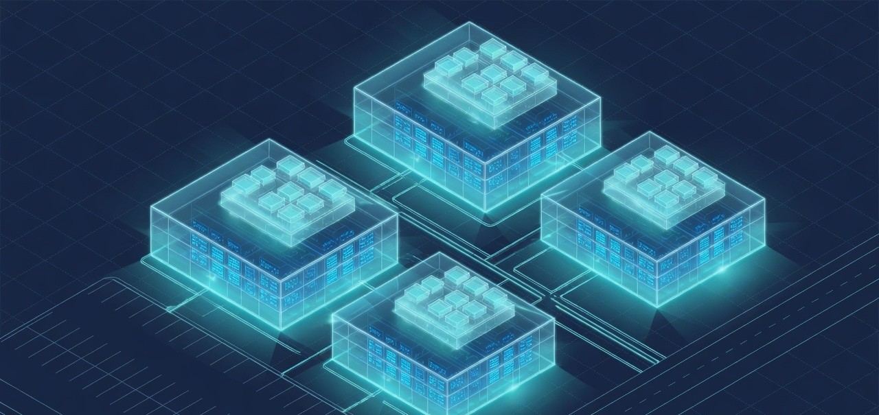 Abstract isometric diagram of glowing data-centre halls