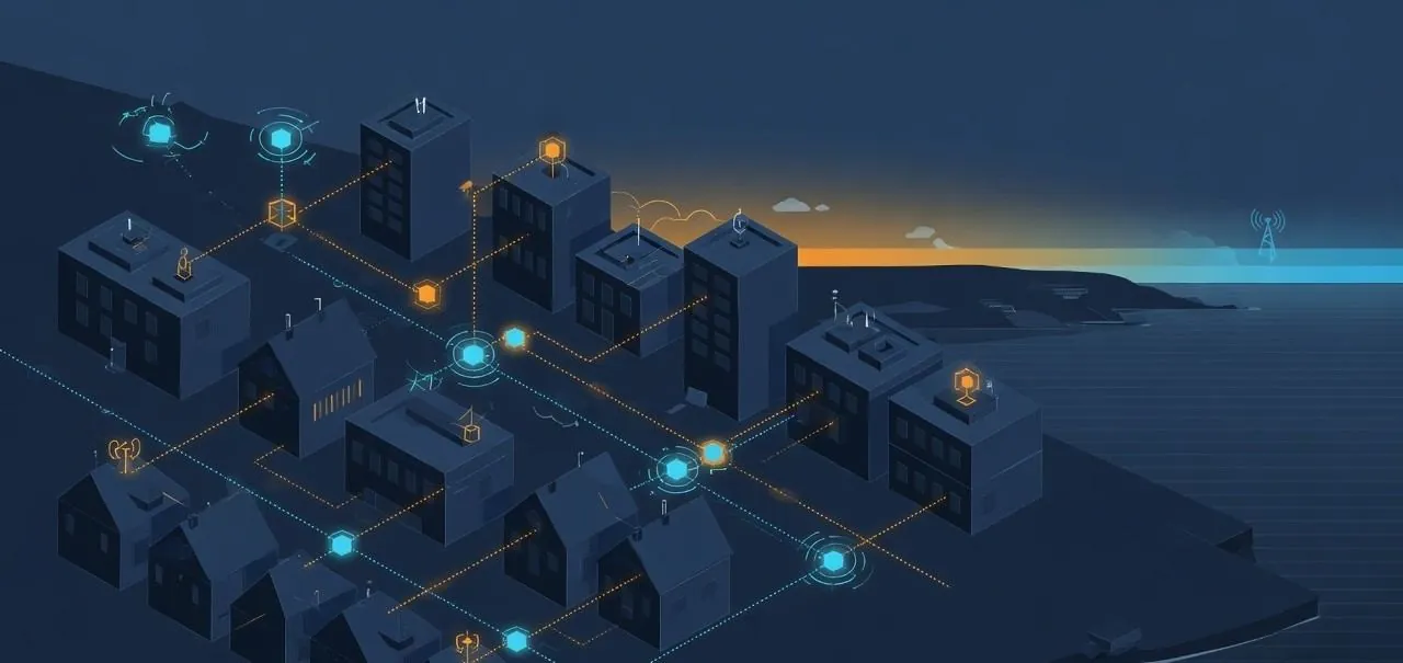 Abstract isometric diagram of coastal buildings on a network