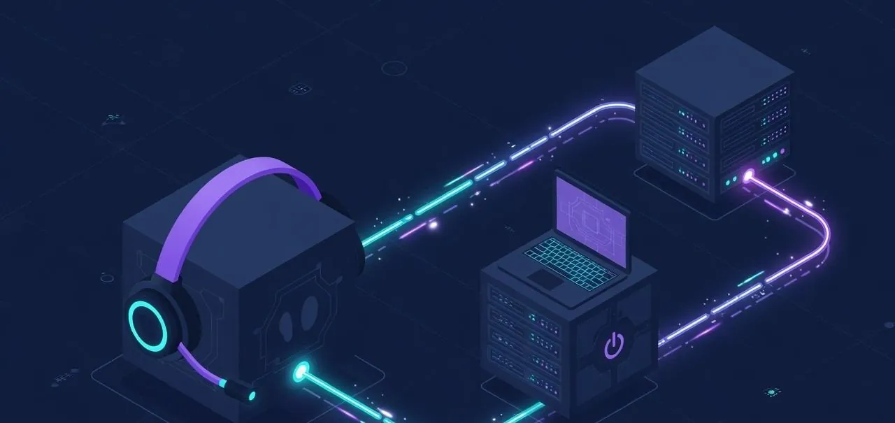 Abstract isometric diagram of a headset linked to a remote rack