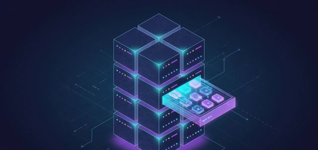 Abstract isometric diagram of a server rack with a drive tray